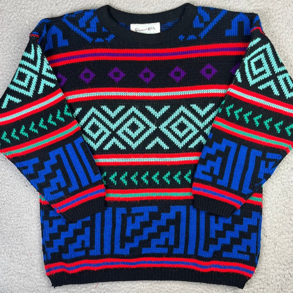 Glamour Knit Sweater Women L Black Multi Geometric Aztec Vintage Crewneck USA